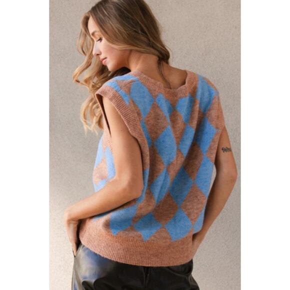 Ces Femme Mocha Brown and Blue Argyle Sweater Vest Women's Size Large - Picture 2 of 10